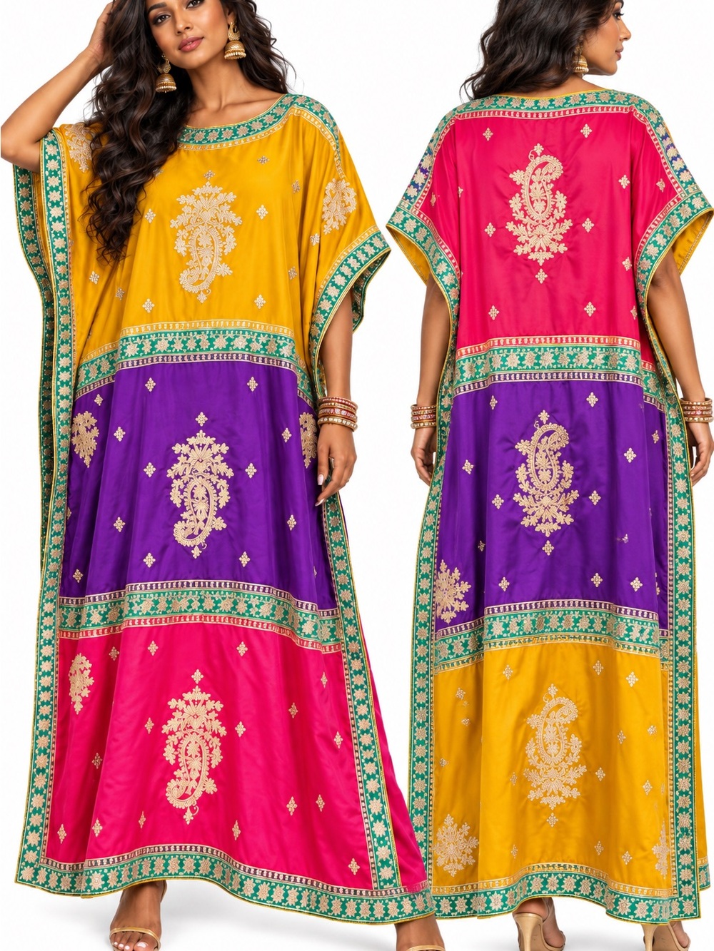 Custom made  Multicolor Embroidered Kaftan Maxi Dress - Elegant Free Size